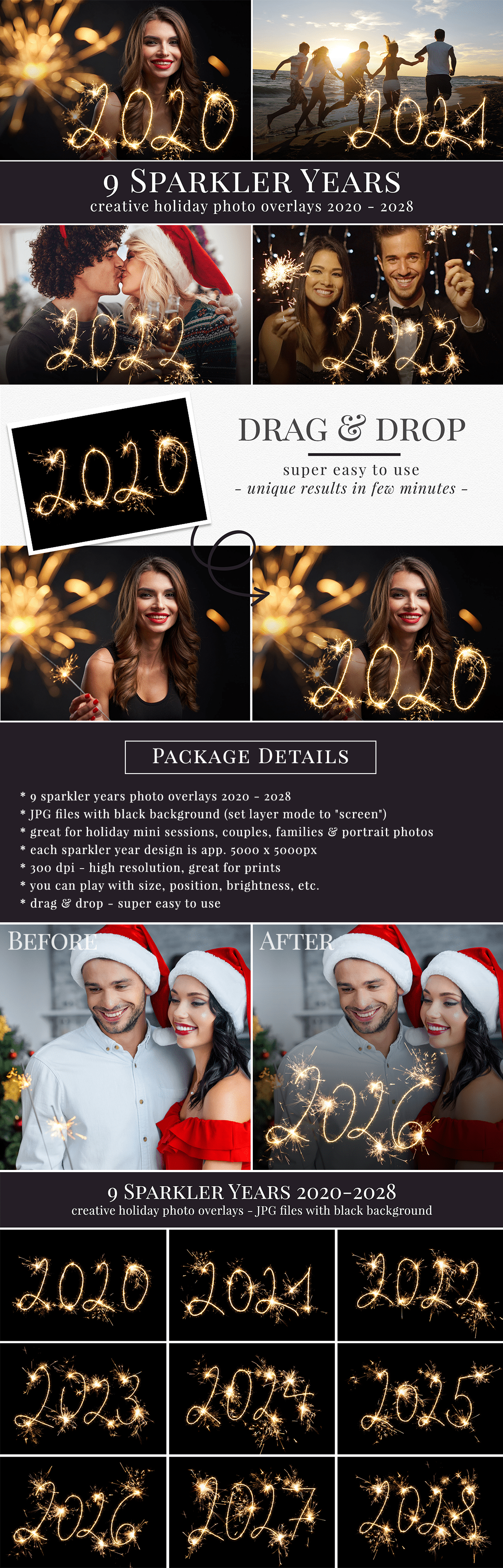 Enhance your holiday pictures, surprise your clients with awesome sparkler effect. Sparkler years photo overlays are great for Christmas minis, family photography, portraits & kids photography. Drag & drop - very easy to use, fast and simple. Original results just in few seconds. Professional sparkler photo overlays for Photoshop, Zoner, Gimp, PicMoneky, Canva, etc. Photo overlays for creative photographers from Brown Leopard.