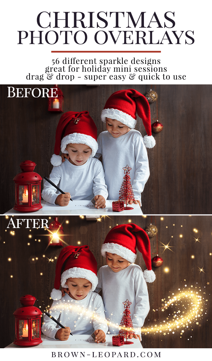 Enhance your Christmas photography with magic effects! 56 different styles of sparkle & bokeh photo overlays. Great for holiday mini sessions with kids, families & portraits. Drag & drop - very easy to use, fast and simple. Fabulous results just in few seconds. Professional holiday photo overlays for Photoshop, Zoner, Gimp, PicMoneky, Canva, etc. Photo overlays for creative photographers from Brown Leopard.