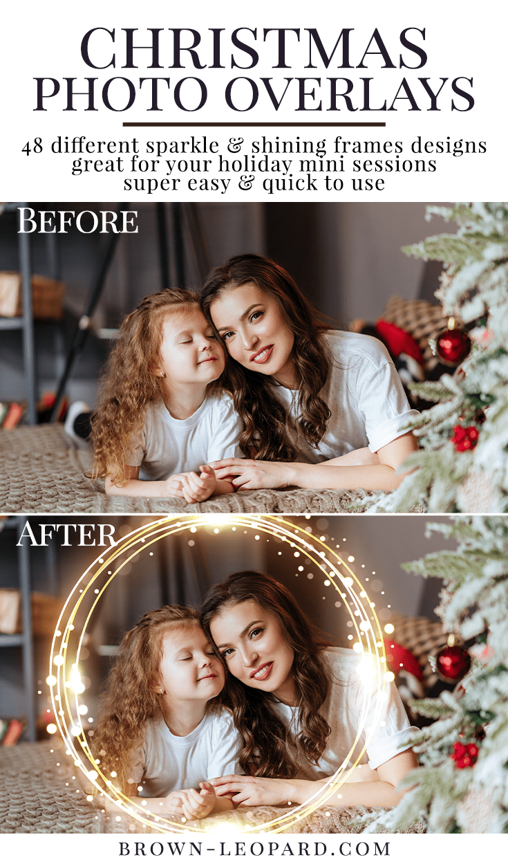 Enhance your holiday photography with our Christmas photo overlays! 48 different styles of frame overlays - rectangles, squares, ovals & rounds. Sparkle & bokeh photo overlays - great for Christmas mini sessions with kids, families & couple portraits. Drag & drop - very easy to use, fast and simple. Fabulous results just in few seconds. Professional holiday photo overlays for Photoshop, Zoner, Gimp, PicMoneky, Canva, etc. Photo overlays for creative photographers from Brown Leopard.
