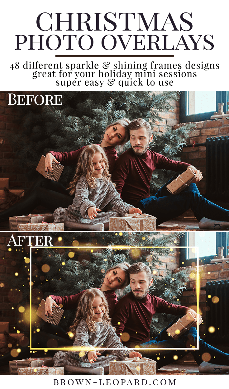 Enhance your holiday photography with our Christmas photo overlays! 48 different styles of frame overlays - rectangles, squares, ovals & rounds. Sparkle & bokeh photo overlays - great for Christmas mini sessions with kids, families & couple portraits. Drag & drop - very easy to use, fast and simple. Fabulous results just in few seconds. Professional holiday photo overlays for Photoshop, Zoner, Gimp, PicMoneky, Canva, etc. Photo overlays for creative photographers from Brown Leopard.