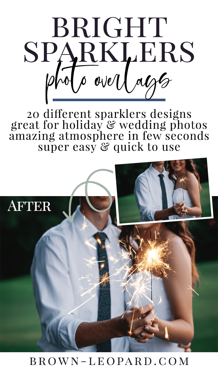 Tweak your holiday photography with bright sparklers! Try this collection of 20 creative sparklers photo overlays - digital designs with bright sparkler effect. Great for seasonal mini sessions with kids, families or couples & wedding photography. Safe when shooting with kids - no fire needed. Drag & drop - very easy to use, fast and simple. Achieve magic atmosphere just in few seconds. Professional Christmas photo overlays for Photoshop, Zoner, Gimp, PicMoneky, Canva, etc. Photo overlays for creative photographers from Brown Leopard.
