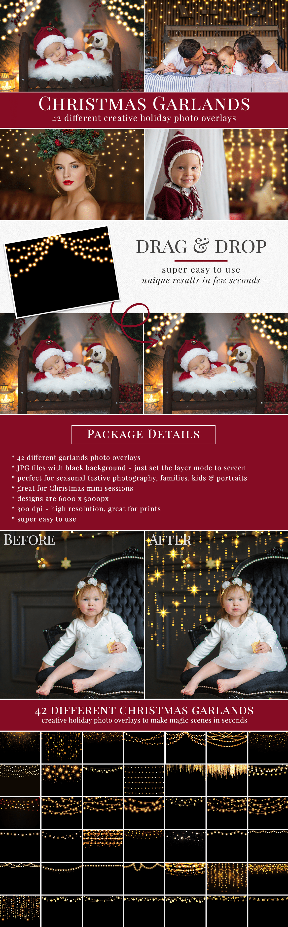 Enhance your holiday photography with our new collection of 42 different Christmas garlands photo overlays. Great for Christmas mini sessions with kids & families and portrait photography. Drag & drop - very easy to use, fast and simple. Original results just in few seconds. Professional Christmas photo overlays for Photoshop, Zoner, Gimp, PicMoneky, Canva, etc. Photo overlays for creative photographers from Brown Leopard.